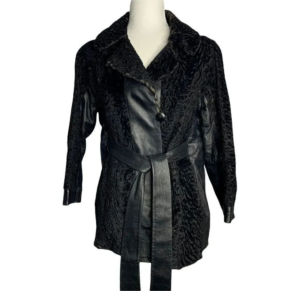 Vintage 50s Persian Curly Lamb Fur Coat S Black Leather Lined Pockets Belted